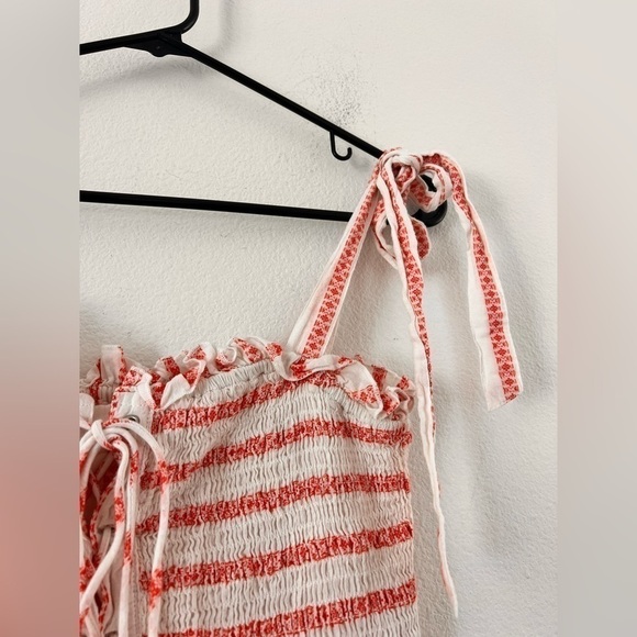 Free People Electric Love Red White Striped Lace Up Smocked Cropped Boho Top M - Picture 6 of 16